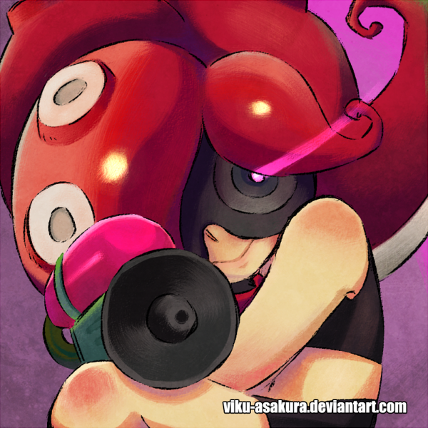 1girl bare_shoulders glowing glowing_eye goggles long_hair looking_at_viewer navel octarian purple_background redhead smile solo splatoon super_soaker takozonesu tentacle_hair viku-asakura violet_eyes watermark web_address