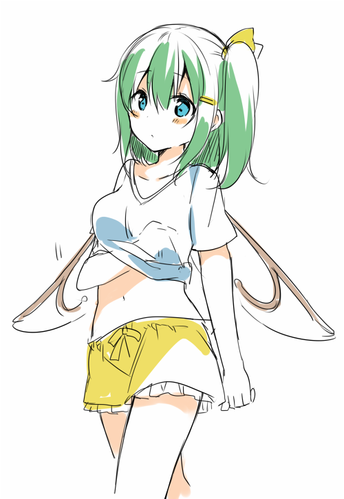 1girl alternate_costume blue_eyes blush bow colored daiyousei fairy_wings fujishiro_emyu green_hair hair_bow hair_ornament hairclip hand_under_clothes hand_under_shirt midriff navel shirt short_hair short_sleeves shorts side_ponytail simple_background sketch solo touhou white_background wings