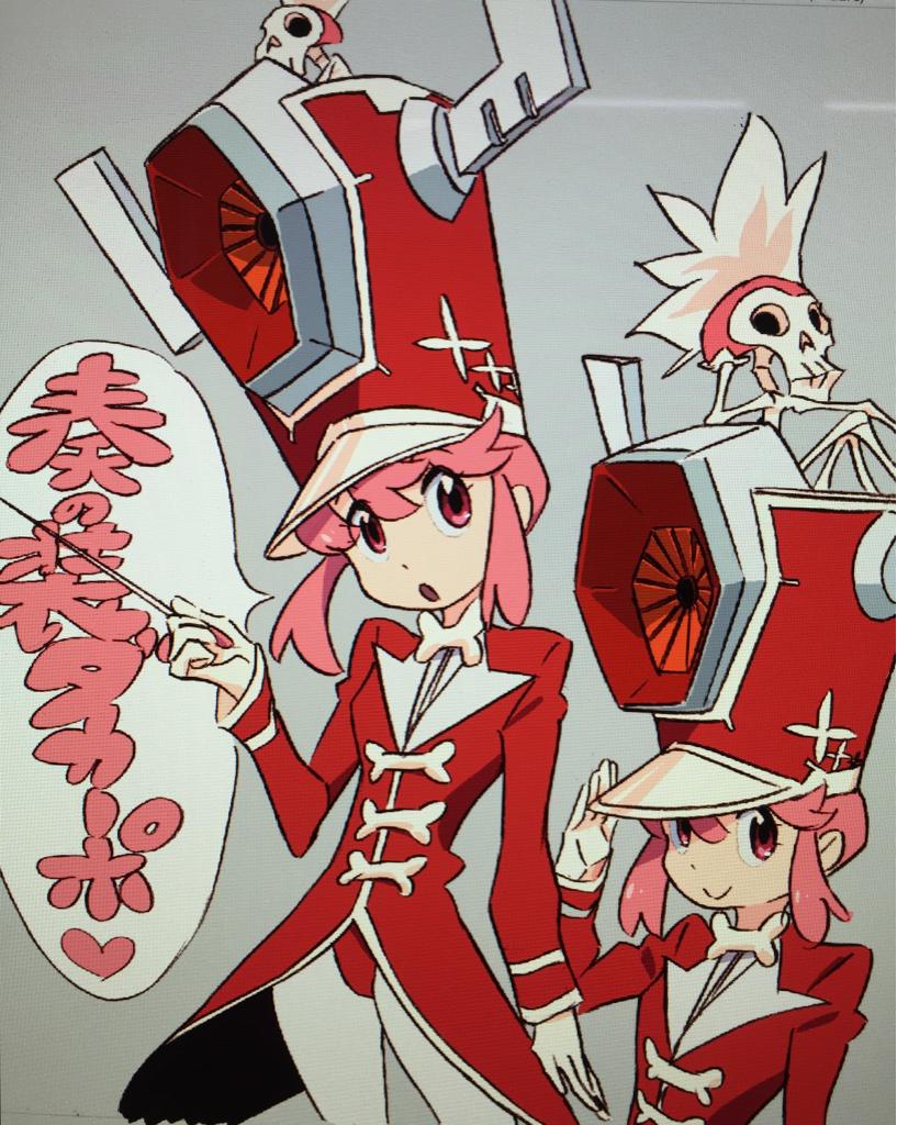 1girl baton_(instrument) conductor hat jakuzure_nonon kill_la_kill official_art payot pink_eyes pink_hair shako_cap smile sushio symphony_regalia