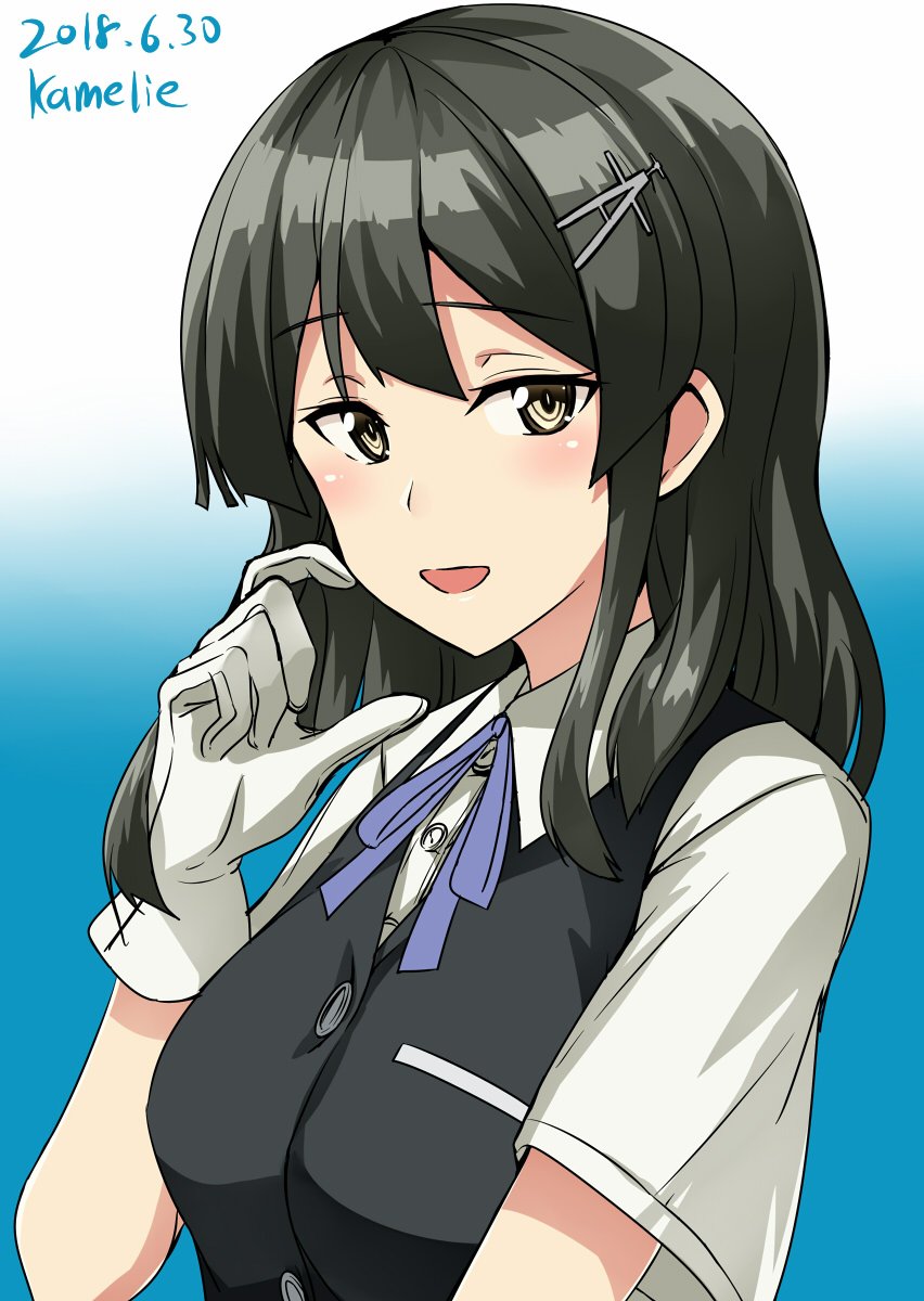 1girl artist_name black_hair black_vest blue_background blue_neckwear blue_ribbon commentary_request dated gloves gradient gradient_background grey_eyes hair_ornament hairclip highres kamelie kantai_collection looking_at_viewer neck_ribbon open_mouth oyashio_(kantai_collection) ribbon shirt short_sleeves solo upper_body vest white_gloves white_shirt