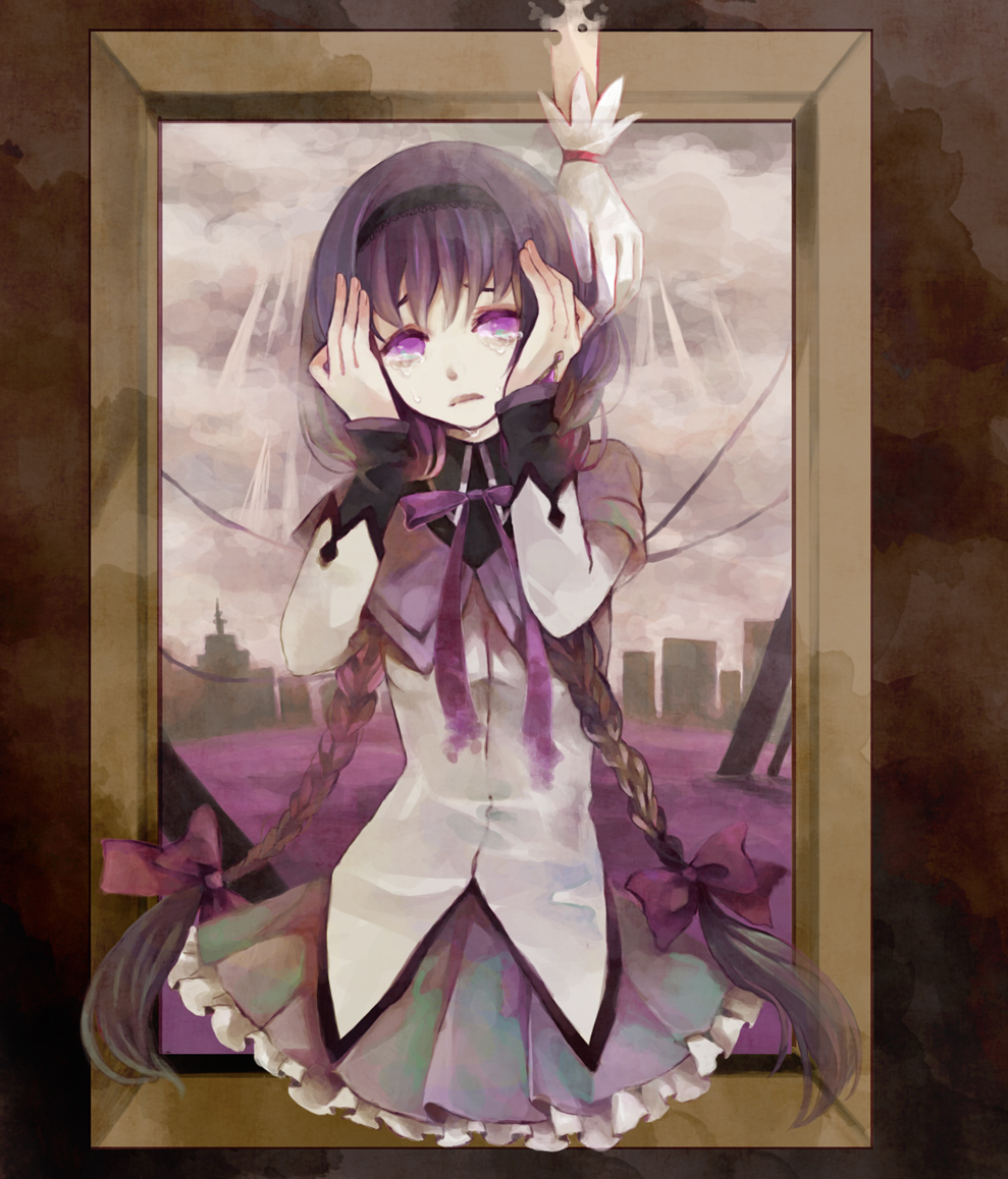 akemi_homura artist_request bow bowtie braid cityscape clona commentary_request crying disembodied_limb framed frilled_skirt frills gloves hair_bow hairband hands_on_own_head kaname_madoka long_hair mahou_shoujo_madoka_magica purple_hair skirt solo_focus twin_braids violet_eyes white_gloves