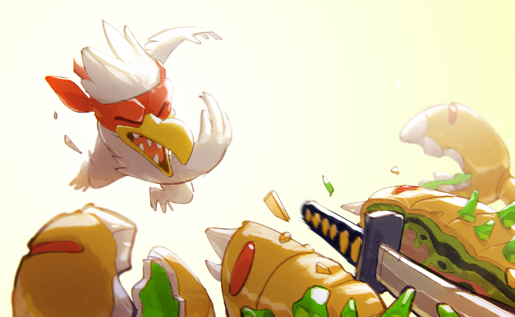 bird blindfold blurry chicken chicken_(nuclear_throne) depth_of_field golden_scorpion_(nuclear_throne) justin_chan katana no_humans nuclear_throne official_art open_mouth scorpion sword throwing weapon