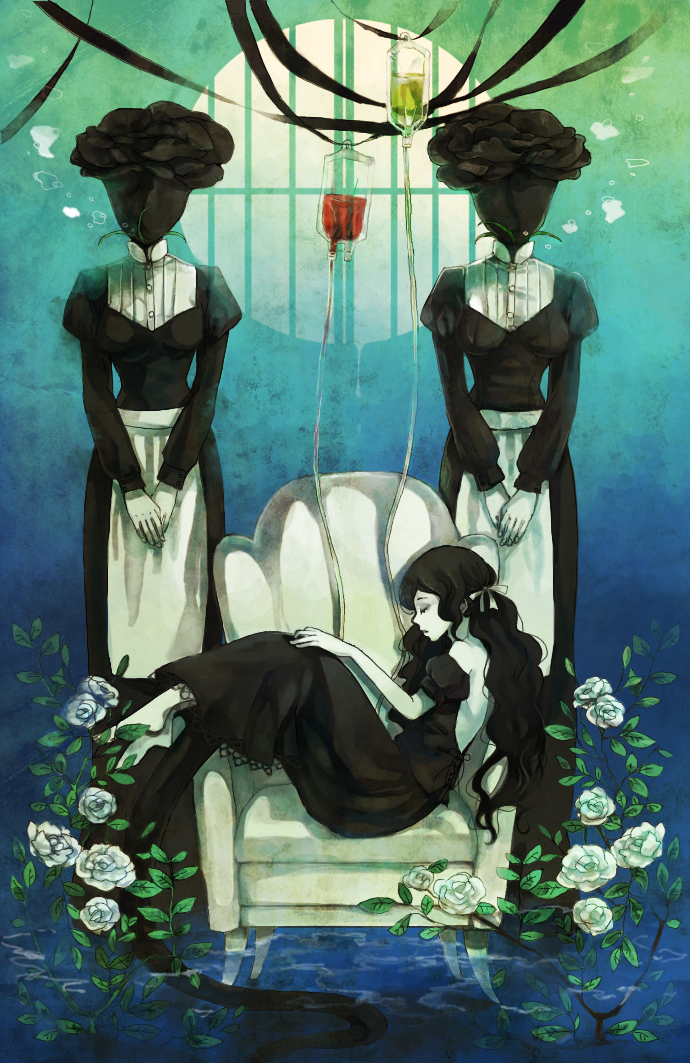 1girl air_bubble armchair bare_back bare_shoulders barefoot bent_knees black_hair black_rose blue chair clona closed_eyes creature dress final_fantasy final_fantasy_iv flower hair_ribbon hands_together intravenous_drip lace-trimmed_dress long_hair lying maid open-back_dress original pale_skin puffy_sleeves ribbon rose rydia short_sleeves surreal tentacles v_arms water white_rose