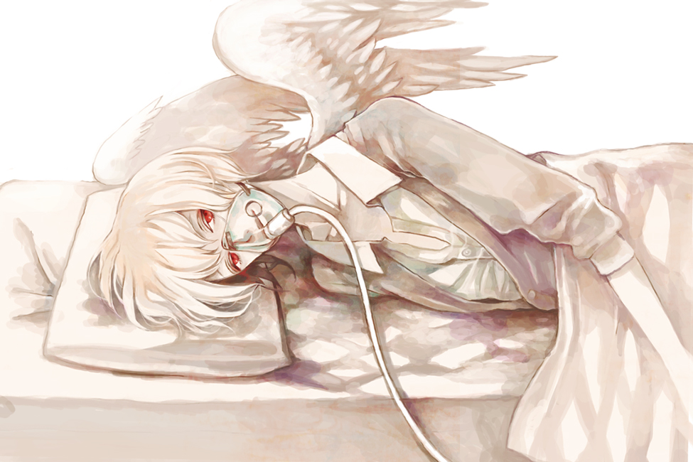 angel_wings blanket clona commentary_request feathered_wings looking_at_viewer lying muted_color nisoku_hokou_(vocaloid) on_bed on_side oxygen_mask pale_color pillow red_eyes shirt simple_background sleeves_pushed_up spot_color white_background white_wings wings