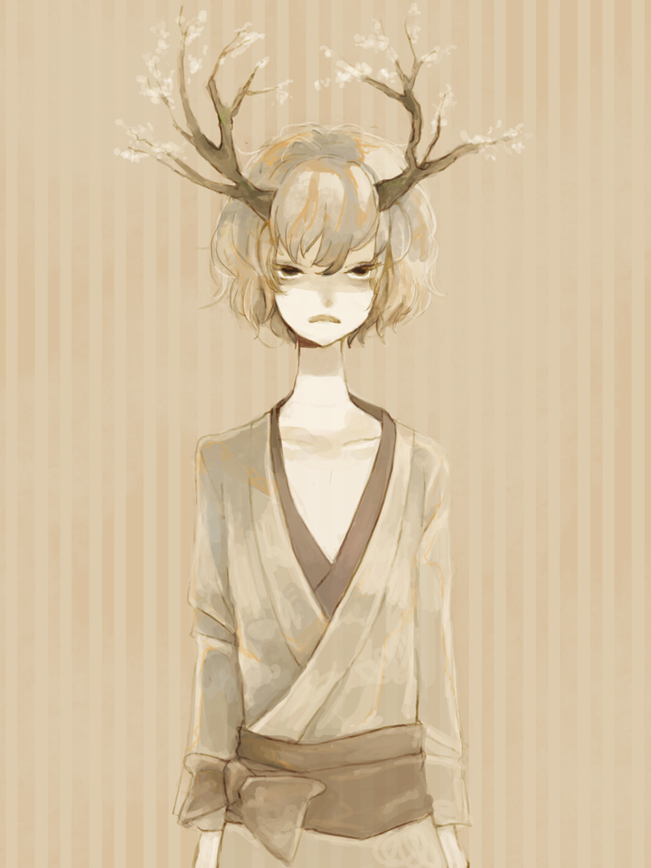 1boy arms_at_sides bow clona commentary_request frown horns japanese_clothes kimono monochrome muted_color pale_color sepia sepia_background solo striped striped_background tree upper_body