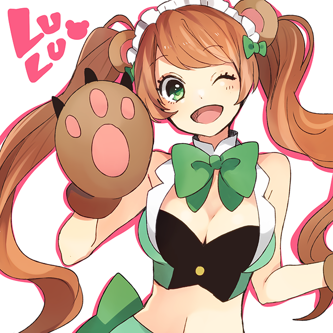 1girl animal_ears bear_ears bear_paws blush bow breasts brown_hair character_name cleavage green_bow green_eyes hair_bow long_hair looking_at_viewer maid_headdress midriff one_eye_closed open_mouth smile solo tama_(songe) twintails very_long_hair yuri_kuma_arashi yurigasaki_lulu