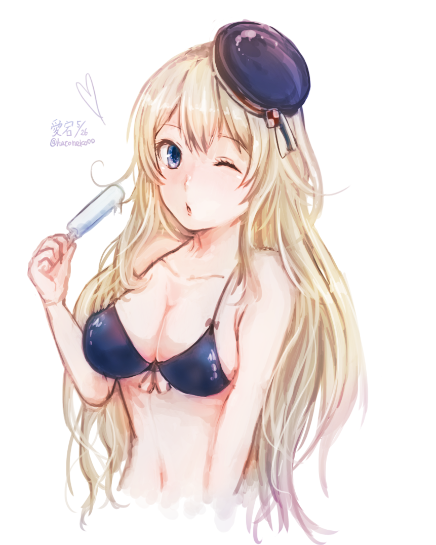 1girl atago_(kantai_collection) bikini blonde_hair breasts hat hatoneko kantai_collection long_hair looking_at_viewer one_eye_closed popsicle smile solo swimsuit