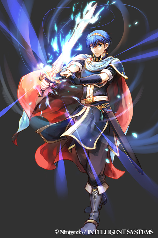 1boy armor blue_eyes blue_hair cape falchion_(fire_emblem) fire_emblem fire_emblem:_mystery_of_the_emblem fire_emblem_cipher full_body gloves looking_at_viewer male_focus marth official_art short_hair simple_background solo sword tiara weapon