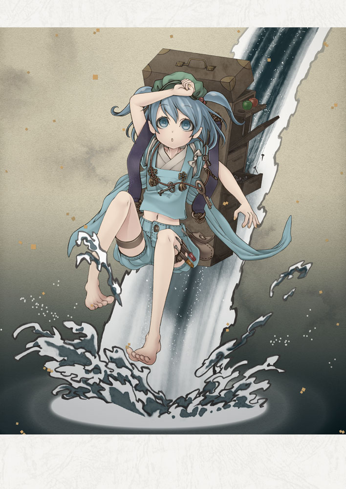 1girl arm_up backpack bag barefoot blue_eyes blue_hair hair_bobbles hair_ornament hat hoshi_nawoki kawashiro_nitori key midriff navel open_mouth sand short_hair shorts solo touhou twintails two_side_up water