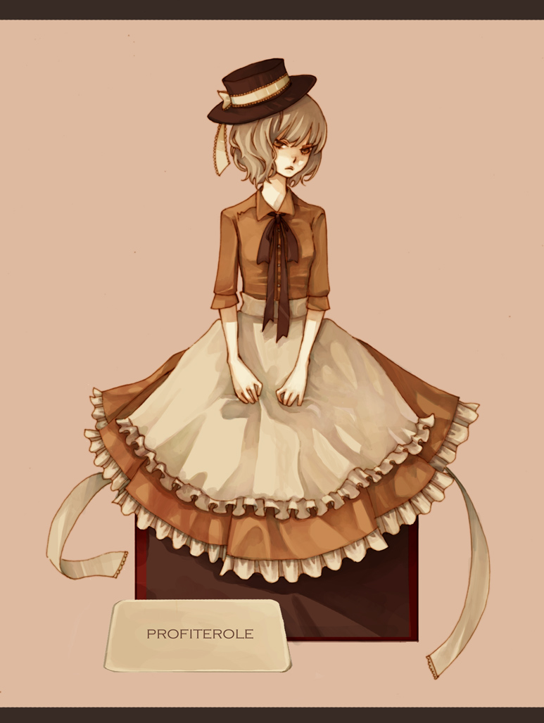 1girl brown_shirt brown_skirt clona commentary_request food frilled_skirt frills frown hat hat_ribbon lace-trimmed_ribbon letterboxed necktie personification profiterole ribbon sepia sepia_background shirt simple_background skirt skirt_set solo sweets