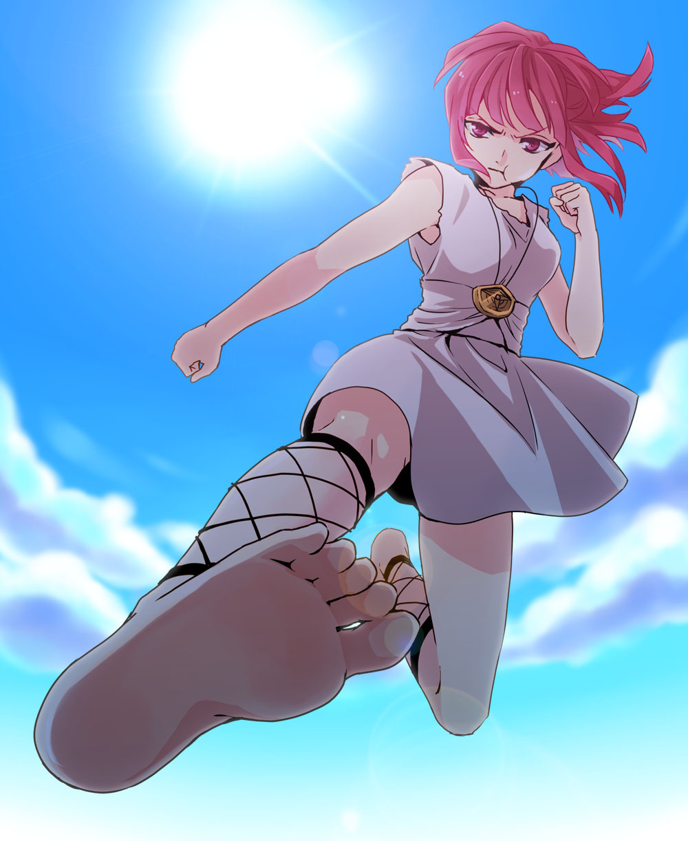 1girl ankle_lace-up barefoot cross-laced_footwear dress feet fighting_stance highres jewelry kicking magi_the_labyrinth_of_magic morgiana pendant puffy_cheeks red_eyes redhead satou_iruno soles toes upskirt white_dress