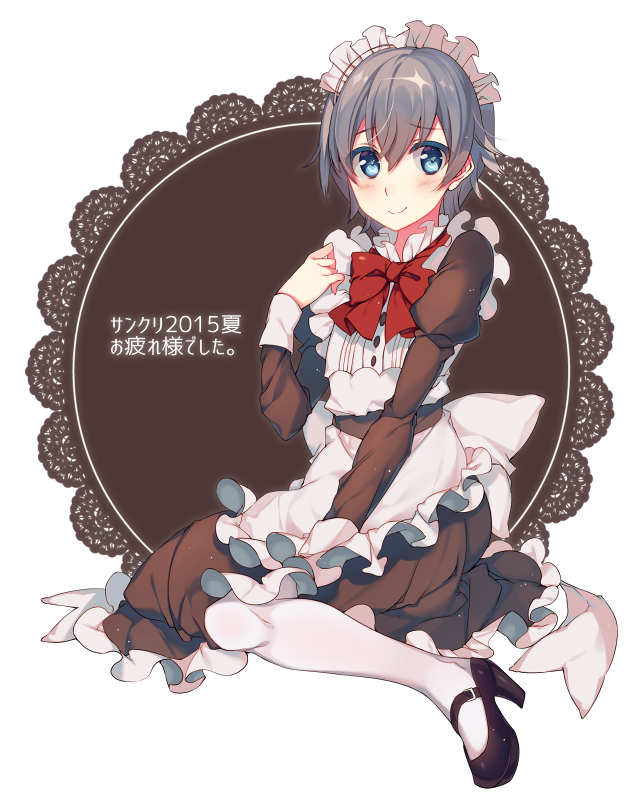 1boy blue_eyes blush bow crossdressinging grey_hair looking_at_viewer maid maid_headdress mary_janes motyo1964 otoko_no_ko shoes short_hair solo thigh-highs totsuka_saika white_legwear yahari_ore_no_seishun_lovecome_wa_machigatteiru.