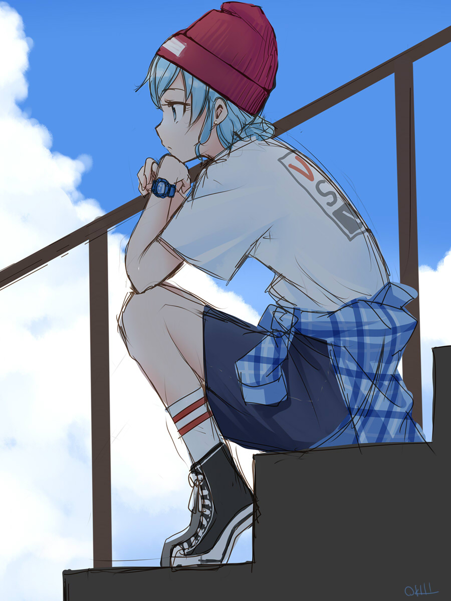 1girl :/ blue_eyes blue_hair casual chin_rest clothes_around_waist clouds dorothy_west earrings from_side highres jewelry okiru plaid plaid_shirt profile puri_para railing shirt shirt_around_waist shoes sitting sketch sky sneakers socks solo stairs striped striped_legwear toque watch watch white_legwear