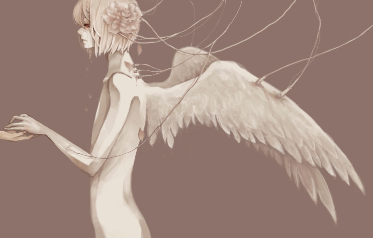 1boy androgynous angel_wings brown_background clona commentary_request cotori_(clona) feathered_wings flower from_side hair_flower hair_ornament looking_afar nude red_eyes sepia simple_background solo tears touching upper_body white_wings wings wire