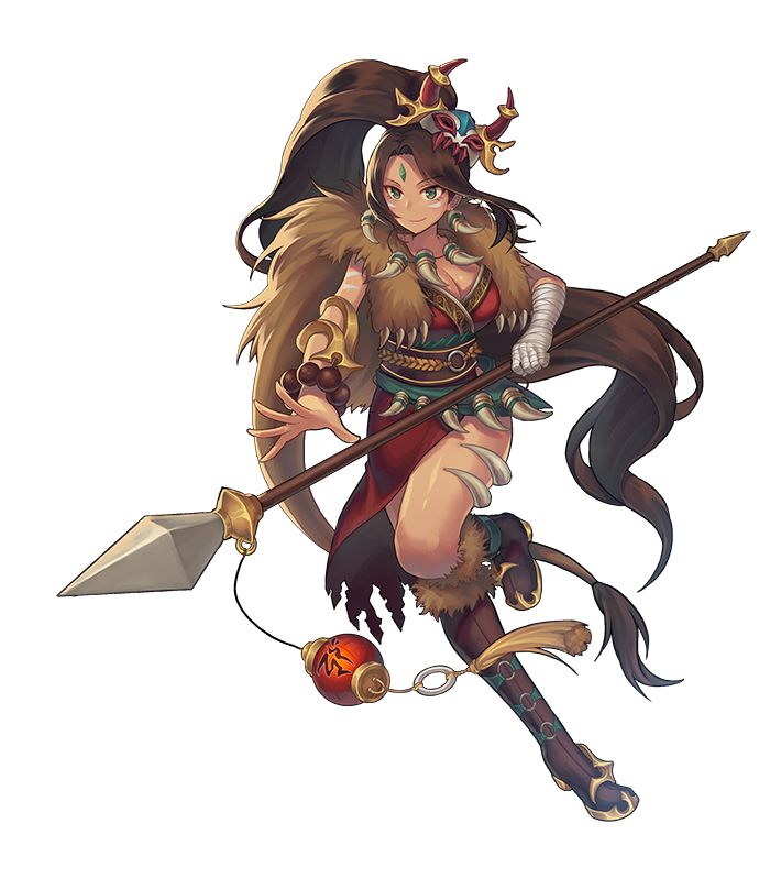 1girl bandaged_arm breasts brown_hair cleavage dress facial_mark forehead_jewel fur g.t green_eyes league_of_legends long_hair mask_on_head nidalee polearm short_hair smile solo spear standing_on_one_leg transparent_background very_long_hair weapon