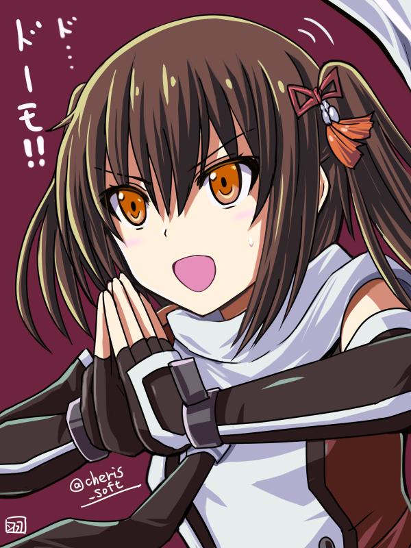 1girl artist_name brown_eyes brown_hair elbow_gloves gloves hair_between_eyes hair_ornament haura_akitoshi kantai_collection long_hair necktie ninja_slayer open_mouth red_background ribbon scarf school_uniform sendai_(kantai_collection) serafuku simple_background smile solo translated twintails twitter_username two_side_up white_scarf