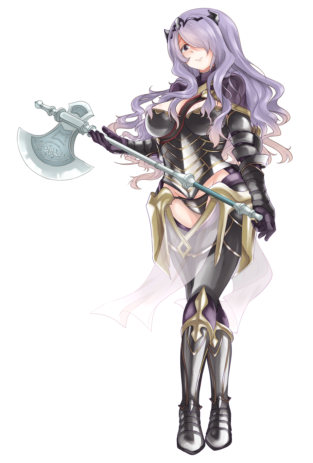 armor axe breasts camilla_(fire_emblem_if) fire_emblem fire_emblem_if gauntlets hair_over_one_eye highres long_hair purple_hair takeshisu violet_eyes weapon