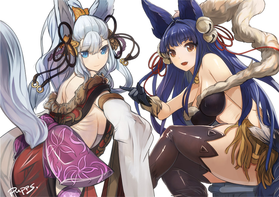 2girls animal_ears bare_shoulders bell black_legwear blue_eyes blue_hair breasts detached_sleeves fur gloves hair_ribbon jingle_bell long_hair looking_at_viewer multiple_girls ponytail pupps ribbon sideboob signature silver_hair simple_background sitting tail thigh-highs very_long_hair white_background