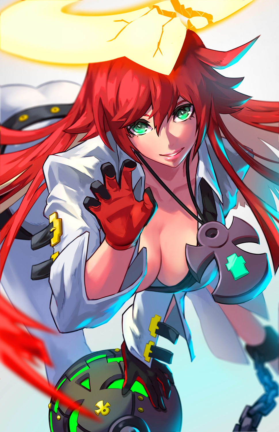 1girl ankh ankh_necklace ball_and_chain_(weapon) ball_and_chain_restraint bangs bodysuit breasts broken_halo collarbone gloves green_eyes guilty_gear guilty_gear_strive hair_between_eyes halo highres jack-o'-lantern jack-o'_valentine large_breasts long_hair parted_lips redhead simple_background solo squatting two-tone_gloves uladola white_background white_bodysuit