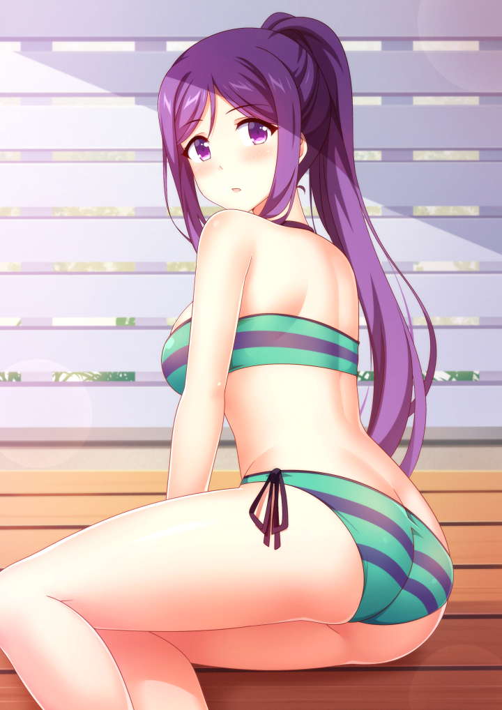 1girl ass bare_shoulders bikini blush breasts butt_crack lens_flare long_hair looking_back love_live! love_live!_sunshine!! matsuura_kanan mmrailgun ponytail purple_hair solo striped striped_bikini swimsuit violet_eyes wooden_floor