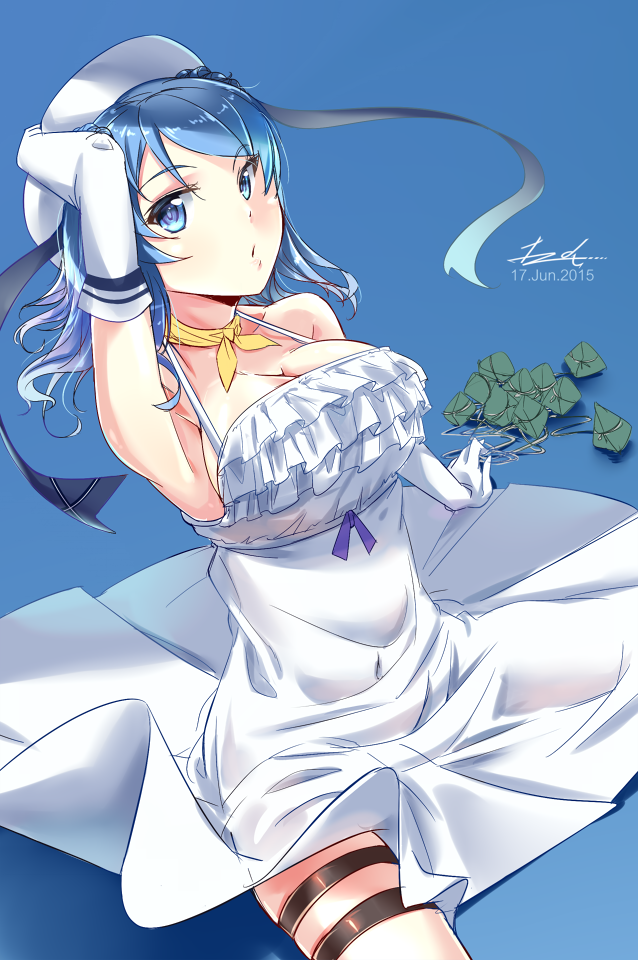 1girl alternate_costume bare_shoulders blue_background blue_eyes blue_hair breasts double_bun dress elbow_gloves gloves hand_behind_head hand_on_own_head hat kantai_collection large_breasts long_hair looking_to_the_side lzd sailor_hat scarf skirt solo urakaze_(kantai_collection) white white_dress white_gloves white_skirt