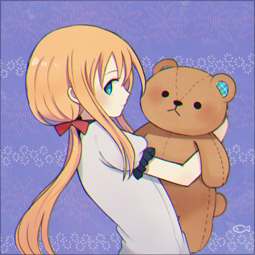 1boy alternate_costume androgynous aqua_eyes ayu_(mog) fish long_hair lowres male_focus midare_toushirou orange_hair otoko_no_ko ponytail purple_background solo stuffed_animal stuffed_toy teddy_bear touken_ranbu upper_body