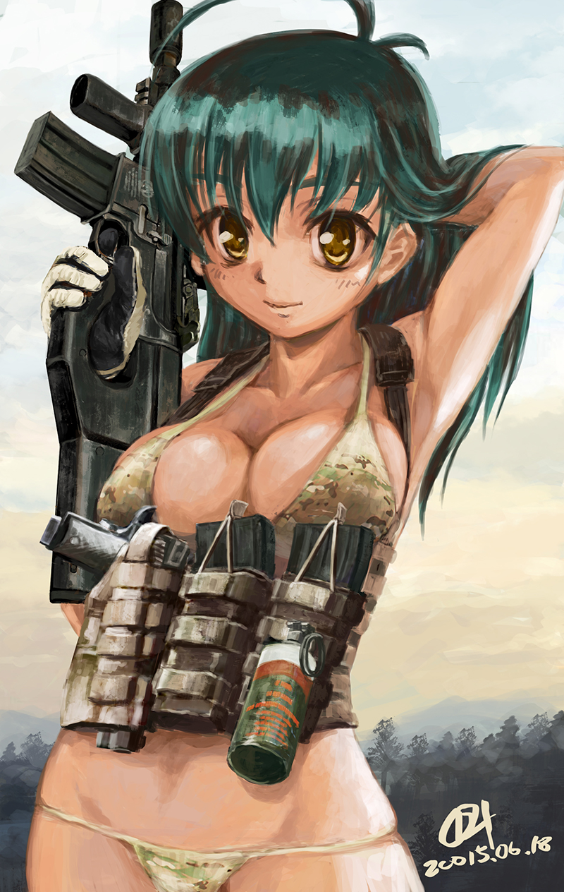 1girl arm_up armpits assault_rifle bikini blonde_hair breasts camouflage camouflage_bikini cleavage dated gloves green_hair gun handgun highres load_bearing_vest long_hair looking_at_viewer m1911 magazine_(weapon) multicam_(camo) oda_(orz) original pistol rifle signature skindentation smile smoke_grenade solo strap_gap swimsuit thumbhole_stock vertical_foregrip weapon weapon_request