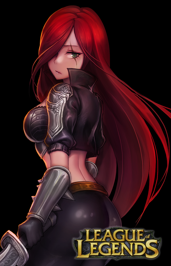 1girl black_background black_eyes breasts copyright_name cowboy_shot from_side g.t hair_over_one_eye katarina_du_couteau knife league_of_legends long_hair midriff redhead scar scar_across_eye short_sleeves simple_background solo vambraces very_long_hair