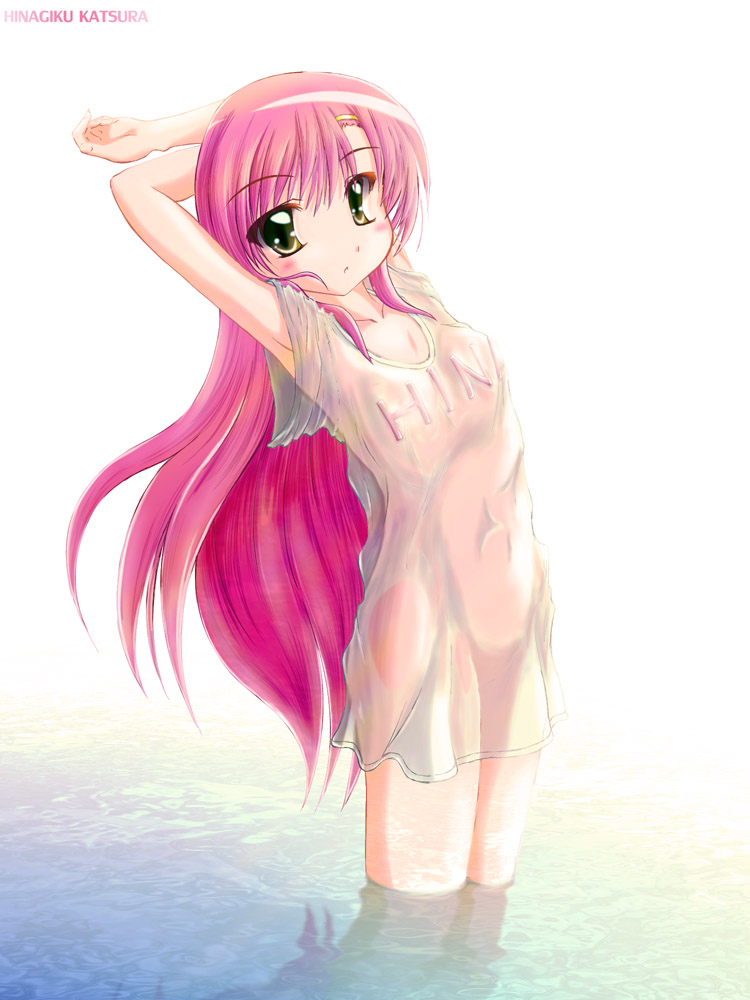 arms_up blush hayate_no_gotoku! katsura_hinagiku long_hair pink_hair see-through water yellow_eyes