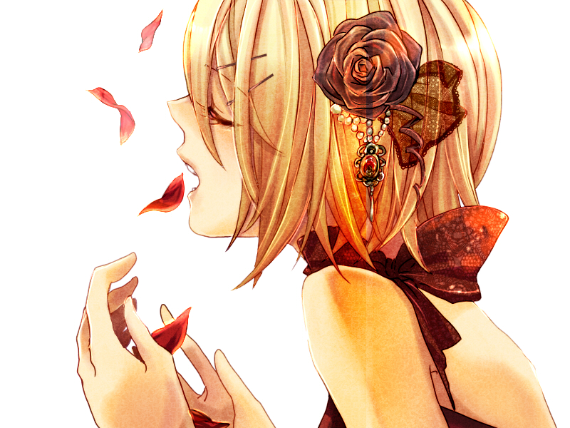 close-up closed_eyes flamenco flower hair_ornament hair_ribbon hairclip kagamine_rin la_fiesta_(vocaloid) open_mouth ribbon rose semaru short_hair simple_background solo vocaloid