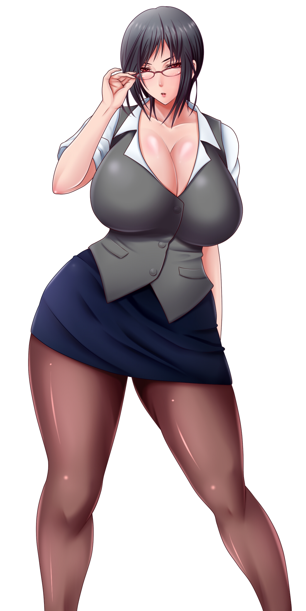 1girl black_hair blush breasts cleavage dress_shirt female glasses highres huge_breasts looking_at_viewer office_lady open_mouth original pantyhose red_eyes saogokushi shirt short_hair simple_background skirt solo vest wide_hips