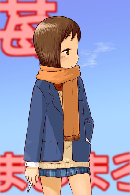 brown_hair cigarette ichigo_mashimaro itou_nobue scarf short_hair skirt smoking sweater yuasa