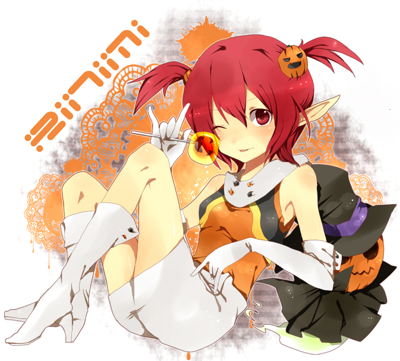 :p bad_id blush boots candy elbow_gloves food_themed_clothes gloves hair_ornament halloween lollipop pointy_ears pumpkin red_eyes red_hair redhead shaped_lollipop skirt solo tentani tongue twintails white_gloves wink