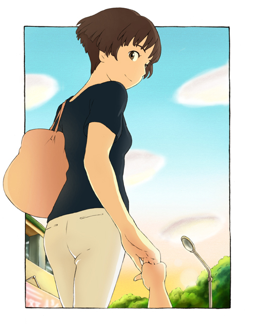 bag bob_cut brown_eyes brown_hair cloud clouds from_below gake_no_ue_no_ponyo ghibli jas looking_back risa risa_(ponyo) short_hair sky smile sosuke studio_ghibli