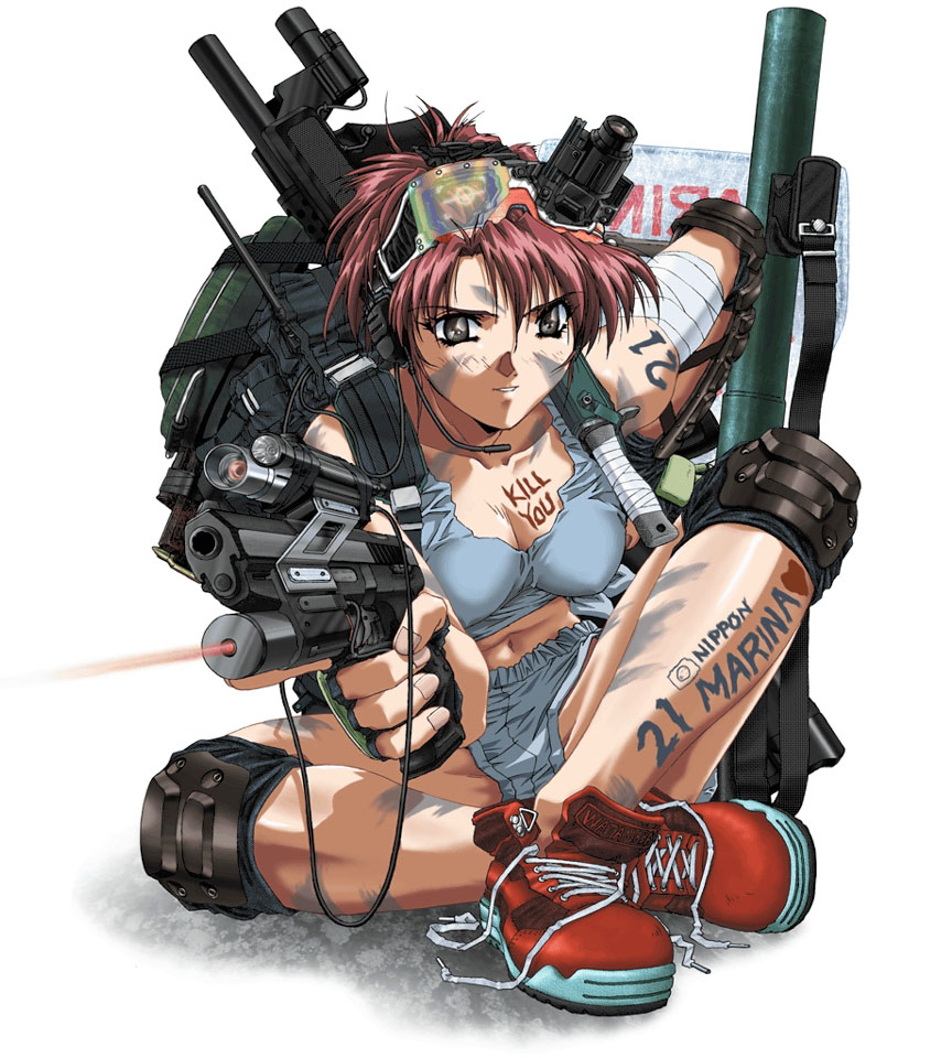 assault_rifle backpack bag bazooka bodypaint boxers breasts bullet cleavage elbow_pads fingerless_gloves flashlight gloves goggles grey_eyes gun handgun headphones headset knee_pads knife laces laser laser_sight midriff no_socks p99 pistol radio red_hair redhead rifle rocket_launcher shoes short_hair simple_background sitting sneakers solo source_request tank_top tied_shirt trigger_discipline underwear vertical_foregrip weapon