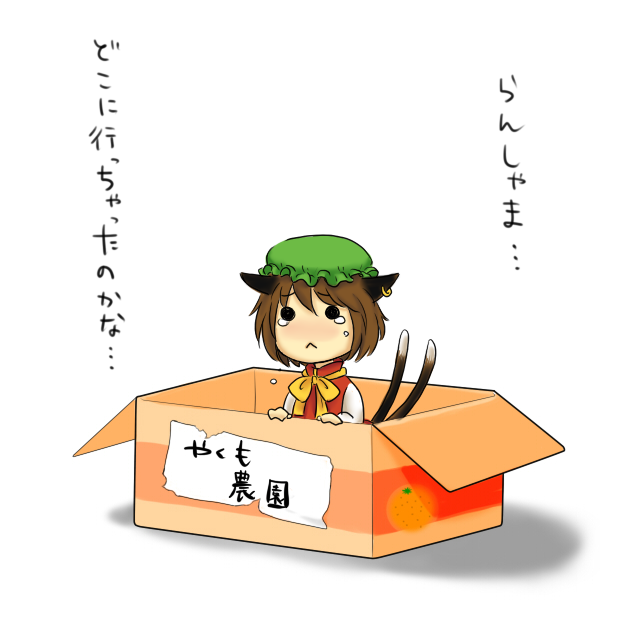 animal_ears bow box brown_hair cardboard_box cat cat_ears cat_tail chen earrings for_adoption hariseromi hat in_box in_container jewelry multiple_tails person_in_a_container sad tail tears touhou translated