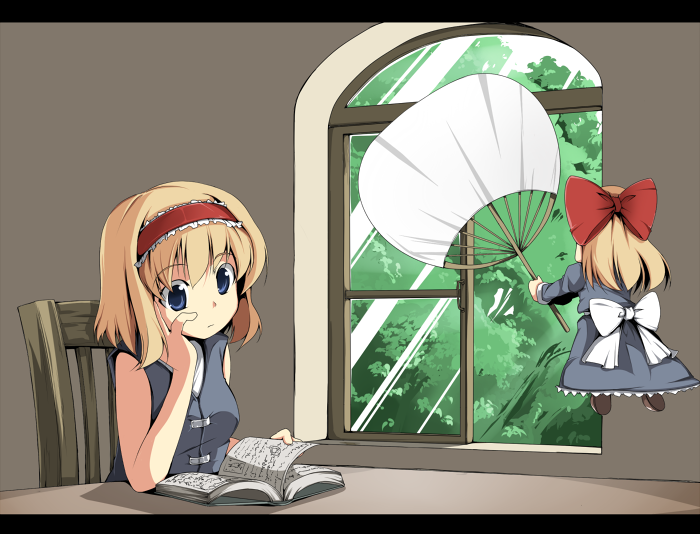 alternate_costume arm_support blonde_hair blue_eyes book doll fan fujy hairband hand_on_own_cheek hand_on_own_face letterboxed paper_fan reading shanghai shanghai_doll short_hair short_sleeves touhou uchiwa