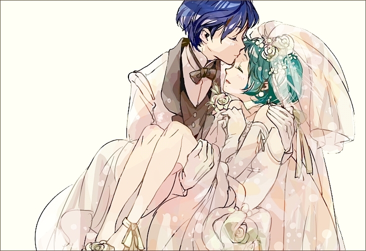 bare_shoulders blue_hair blush bowtie bridal_veil bride choker closed_eyes couple dress earrings gloves good_end green_hair jewelry kiss open_mouth pantyhose persona persona_3 ribbon short_hair simple_background smile suit sutei_(giru) veil waistcoat wedding_dress yamagishi_fuuka