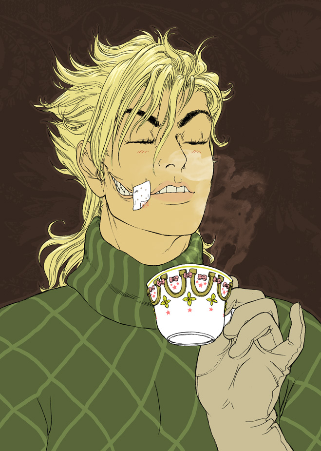 asiulus bandaid blonde_hair closed_eyes coffee cup diego_brando gloves gozu-mezu jojo_no_kimyou_na_bouken male pinky_out scary_monster_(stand) sharp_teeth solo stand_(jojo) steel_ball_run tea teacup