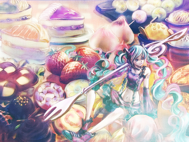 aqua_eyes aqua_hair cake checkerboard_cookie cookie cream food fork fruit hatsune_miku headphones headset ice_cream in_food midriff minigirl multicolored_hair navel pastry pink_hair project_diva shoes sitting skirt smile so-da solo strawberry twintails vocaloid white_hair