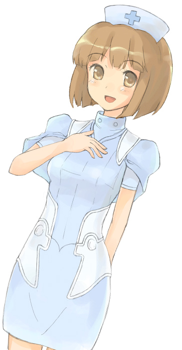 bad_id blush brown_eyes brown_hair dress ghost_in_the_shell ghost_in_the_shell_stand_alone_complex kurtan nasami_kurta nurse retorillo short_hair smile solo