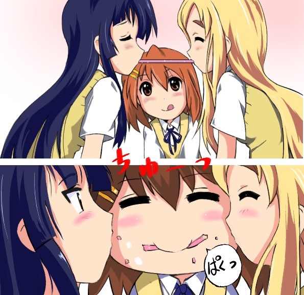 3girls :q akiyama_mio blush candy cheek_kiss closed_eyes eating eyebrows hirasawa_yui k-on! kiss kotobuki_tsumugi long_hair multiple_girls pocky pocky_kiss school_uniform shared_food short_hair smile t2 thick_eyebrows tongue yuri