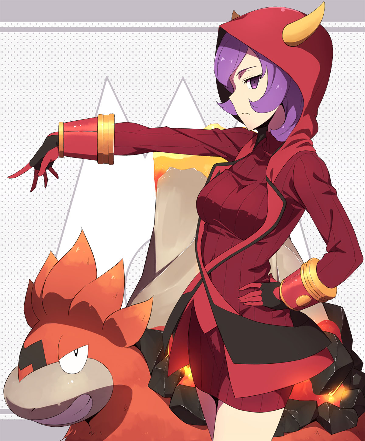 1girl camerupt cowboy_shot fake_horns gloves hand_on_hip highres hood hoodie horned_headwear horns kagari_(pokemon) kagari_(pokemon)_(remake) kinta_(distortion) mega_camerupt mega_pokemon outstretched_arm pokemon pokemon_(creature) pokemon_(game) pokemon_oras profile purple_hair ribbed_sweater short_hair sweater violet_eyes