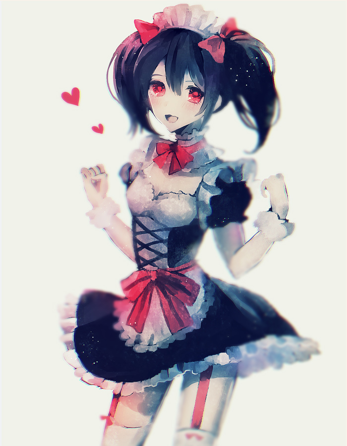 1girl black_hair blurry bow dress error501 frilled_choker frilled_dress frills garter_straps hair_bow heart lace-up_top looking_at_viewer love_live!_school_idol_project maid maid_headdress mogyutto_"love"_de_sekkin_chuu! neck_ribbon open_mouth puffy_sleeves red_eyes ribbon short_sleeves simple_background smile solo spot_color standing thigh-highs two_side_up white_background white_legwear wrist_cuffs yazawa_nico