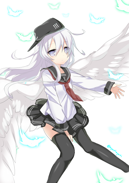 1girl anchor_symbol angel_wings black_legwear blue_eyes feathers hat hibiki_(kantai_collection) kantai_collection long_hair long_sleeves looking_at_viewer nyori school_uniform serafuku simple_background skirt solo thigh-highs twitter_username white_background white_hair wings