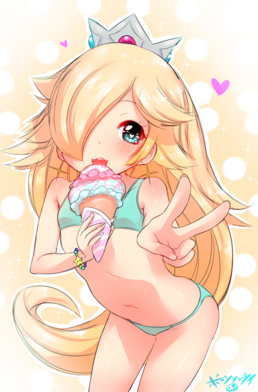 1girl artist_name bikini blonde_hair blue_eyes born-to-die crown double_scoop food hair_over_one_eye heart heart-shaped_pupils ice_cream ice_cream_cone long_hair super_mario_bros. rosetta_(mario) solo super_mario_galaxy swimsuit symbol-shaped_pupils v very_long_hair younger