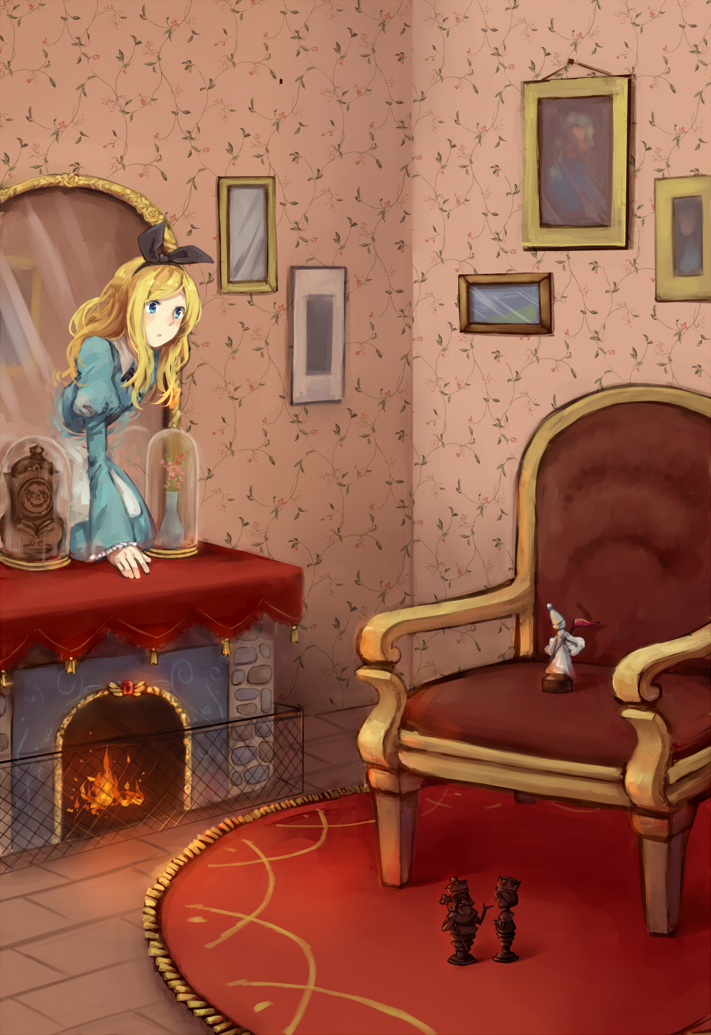 1girl alice_(wonderland) alice_in_wonderland arm_support armchair blonde_hair blue_eyes bow bowtie chair chess_piece dome fire fireplace flower flower_ornament framed frilled_sleeves frills glass hair_bow highres indoors kneeling long_hair mary_(14476764) mirror mirrored painting_(object) puffy_sleeves room skirt skirt_set solo vase wallpaper_(object) watch wide_sleeves