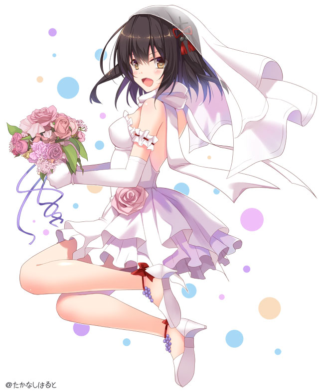 1girl :d bare_back bare_shoulders black_hair bouquet brown_eyes dress elbow_gloves flower gloves hair_ornament high_heels kantai_collection looking_at_viewer looking_back open-back_dress open_mouth remodel_(kantai_collection) sendai_(kantai_collection) shoes short_dress short_hair simple_background smile solo takanashi_haruto two_side_up veil wedding_dress white_background white_dress white_gloves white_shoes