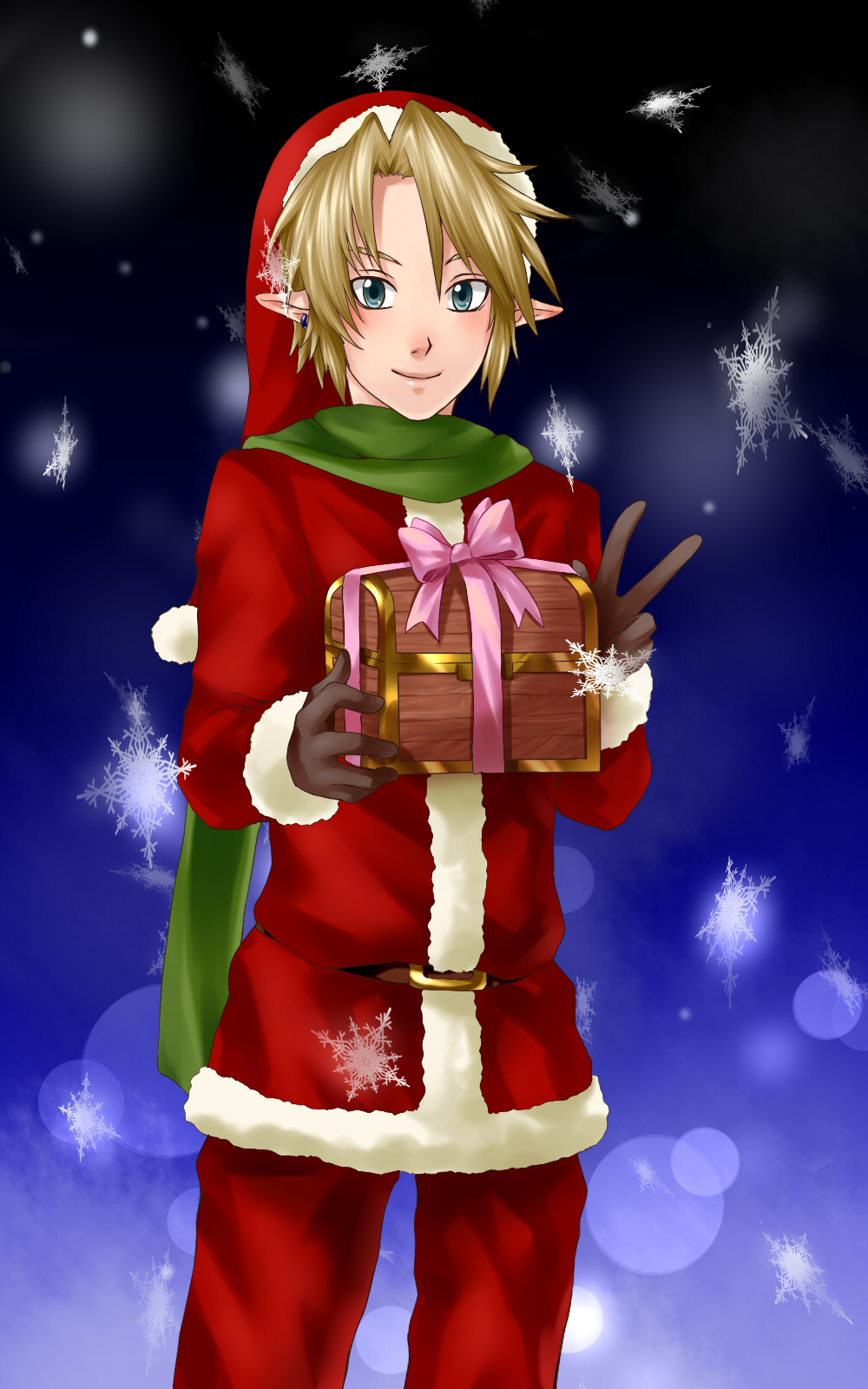 1boy blush gift gloves hat highres link santa_costume santa_hat short_hair smile solo the_legend_of_zelda twilight_princess wasabi_(legemd)