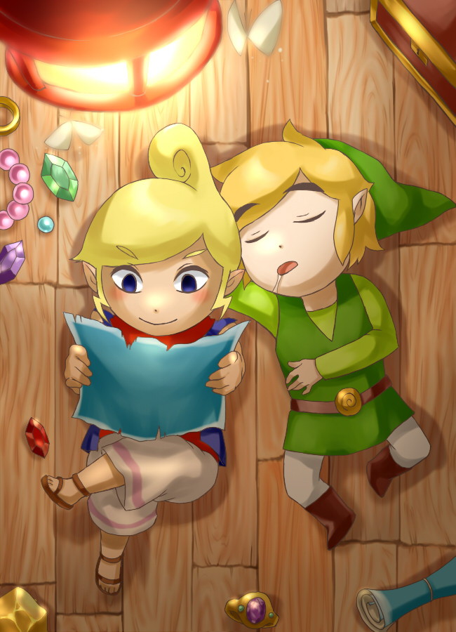 1boy 1girl blonde_hair blue_eyes dark_skin drooling from_above link pointy_ears rupee sleeping smile tetra the_legend_of_zelda toon_link wasabi_(legemd) wind_waker